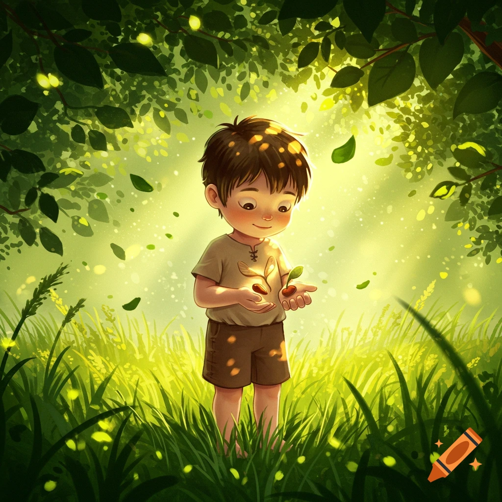 A young boy in a lush, sunlit forest gently holds two sprouting seeds in his cupped hands, surrounded by tall grass and green leaves.