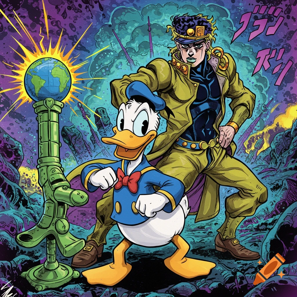 A stylized comic art image featuring Donald Duck in a blue suit with a red bowtie next to Jotaro Kujo from Jojo's Bizarre Adventure, who is wearing a green trench coat and hat. Behind them is a glowing globe on a stand and a vibrant, surreal purple and green background with Japanese sound effects.