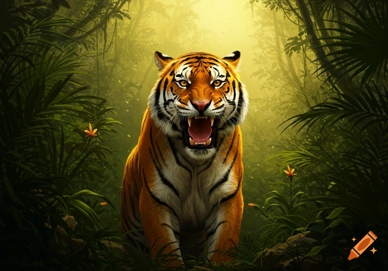 A roaring tiger with orange and black stripes in a lush green jungle, bathed in golden light.