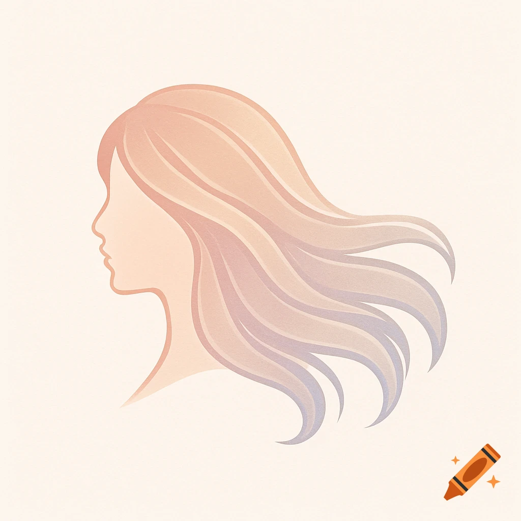 Stylized silhouette logo of a woman's profile with long, flowing hair in peach, pink, and purple gradient.
