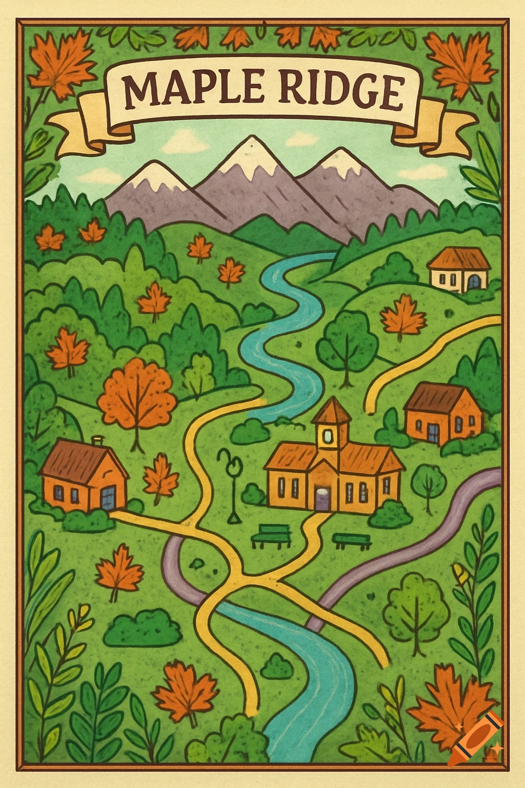 Cartoon map of 'Maple Ridge' with mountains, river, houses, church, and autumn leaves.