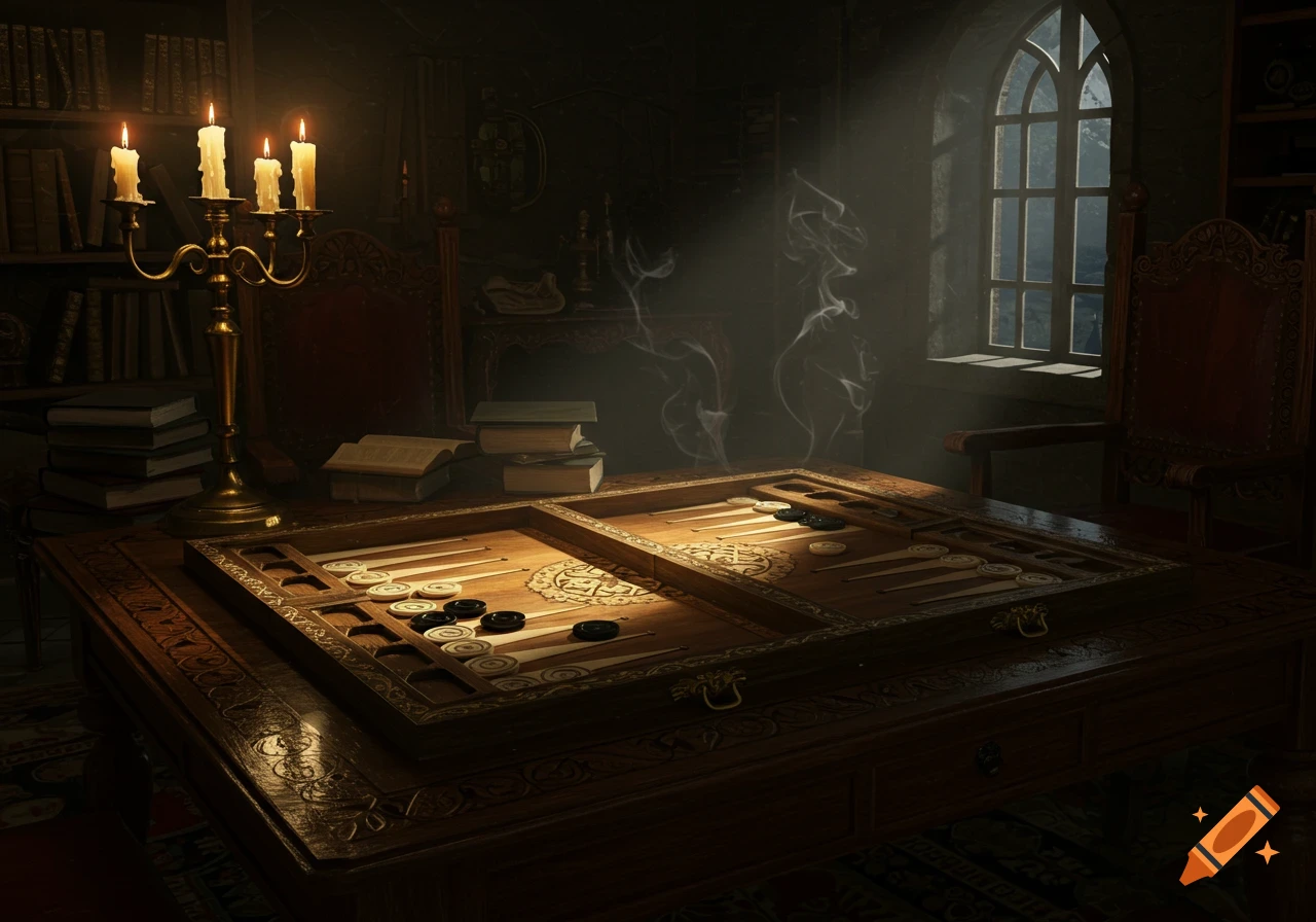 A mysterious, dimly lit room featuring a backgammon game on a wooden table, lit by candles and a gothic window.