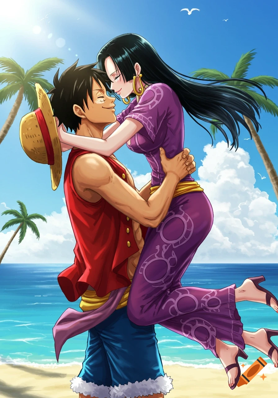 Anime illustration of Luffy lifting Boa Hancock in a romantic embrace on a sunny tropical beach.