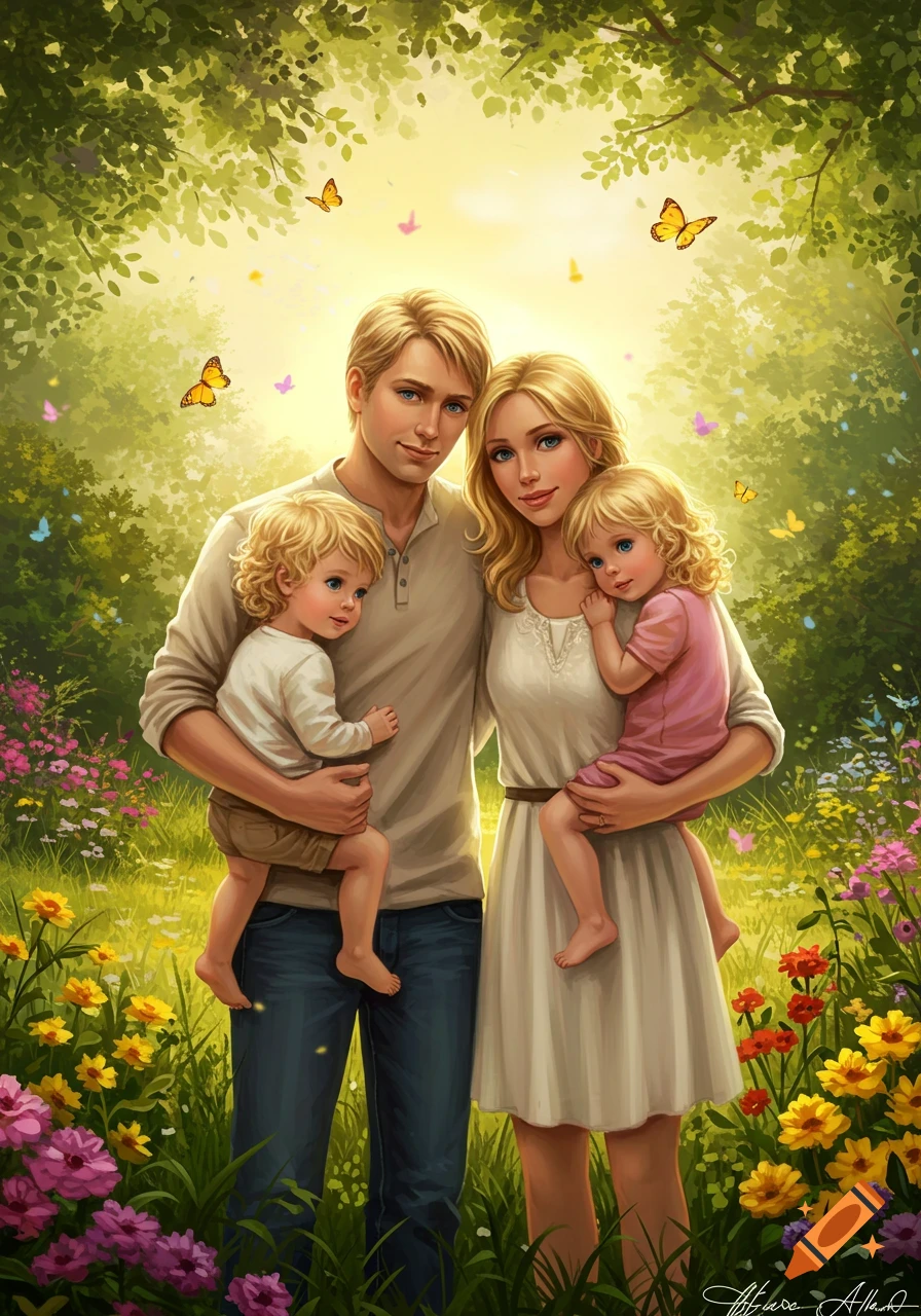 A blonde family, parents holding two children, stand in a vibrant field of flowers under sunny green trees with butterflies, in an idyllic illustration style.