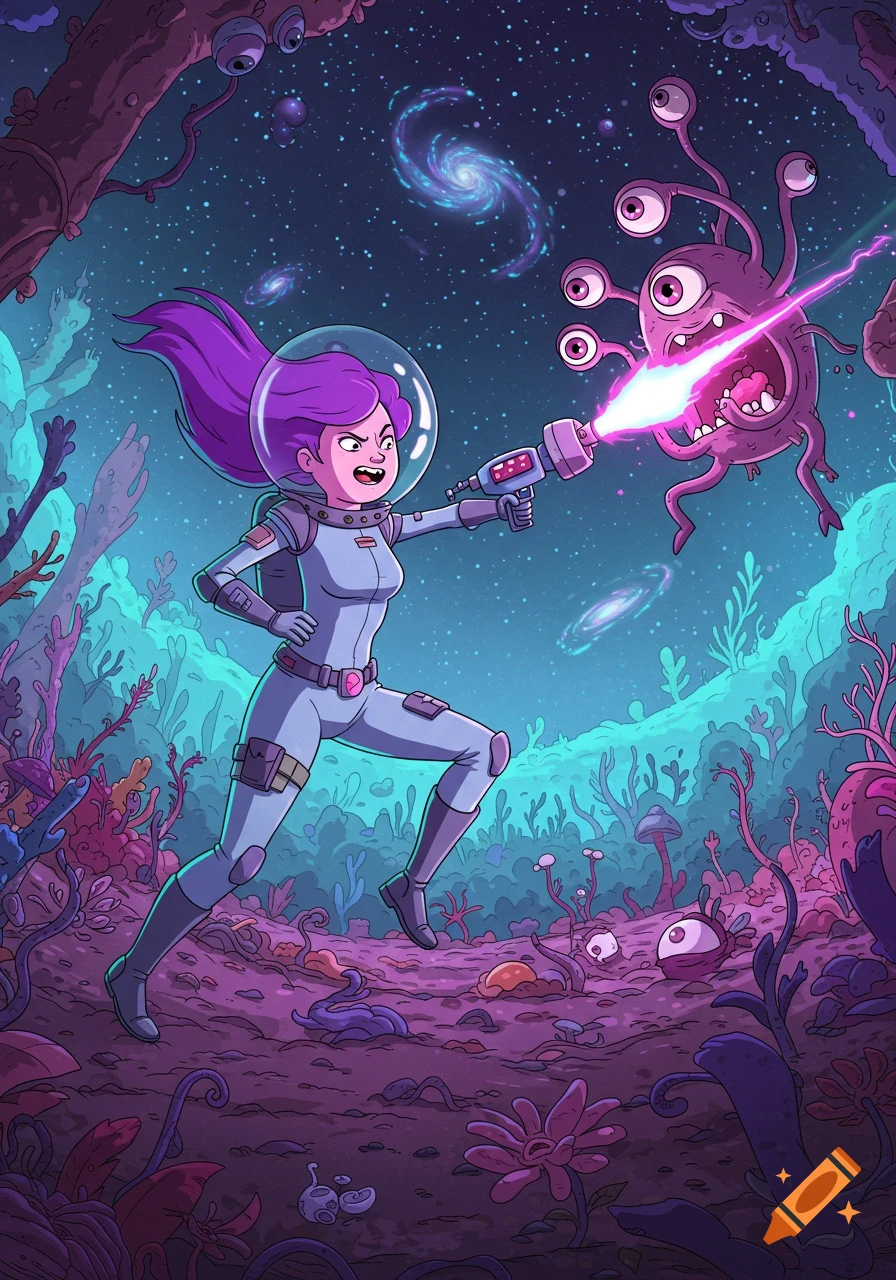 Cartoon female space rogue in a helmet and suit fires a laser at a purple alien on a colorful alien planet under a starry sky.