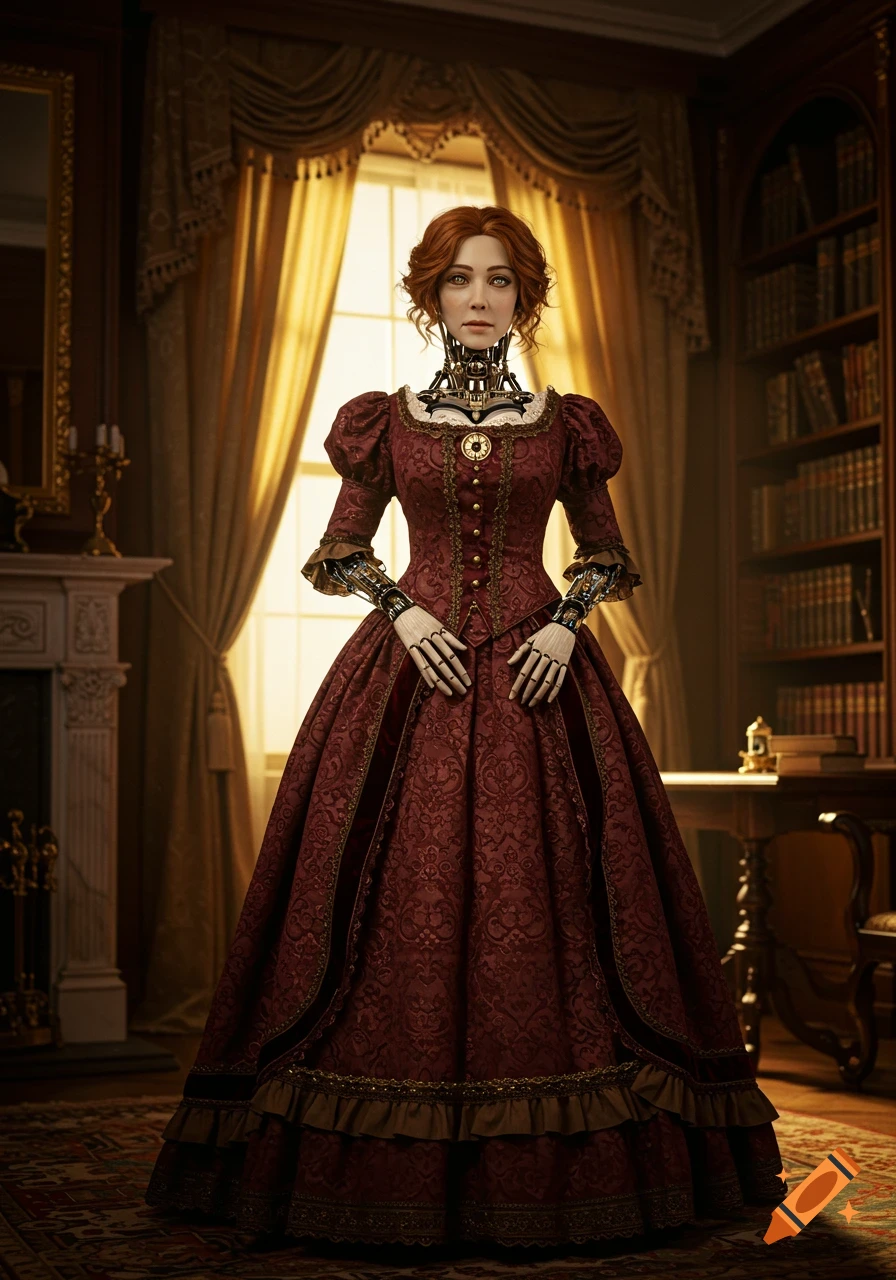 A photorealistic portrait of a Victorian robot woman in a formal gown in a dimly lit library.