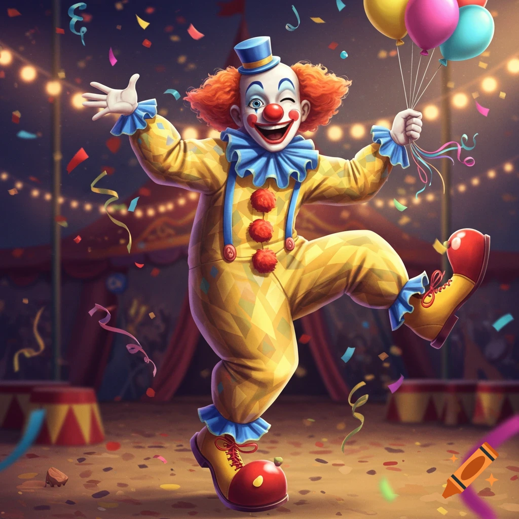 Vibrant illustration of a cheerful clown in a yellow suit, holding balloons and winking, surrounded by confetti at a circus.