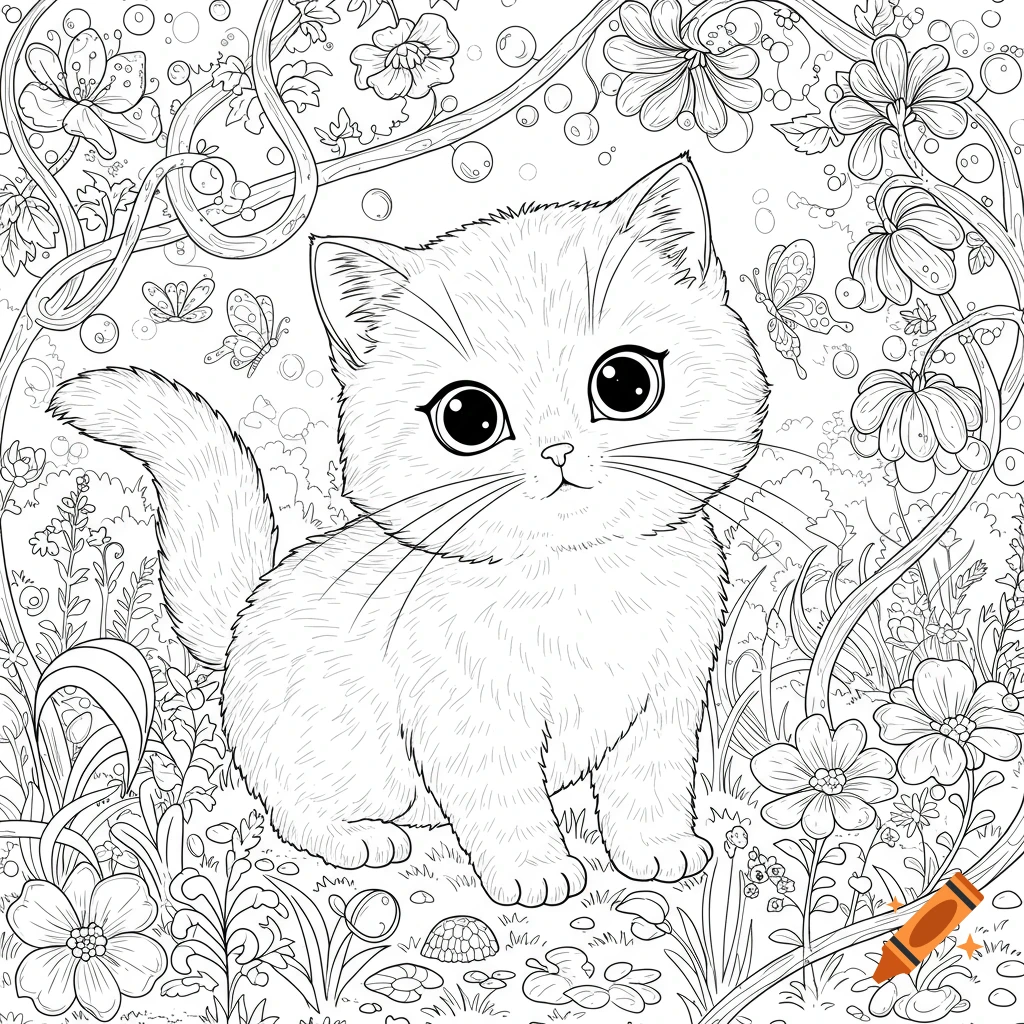 A cute kitten with large eyes sits in a garden surrounded by flowers and butterflies, in a black and white coloring book style.