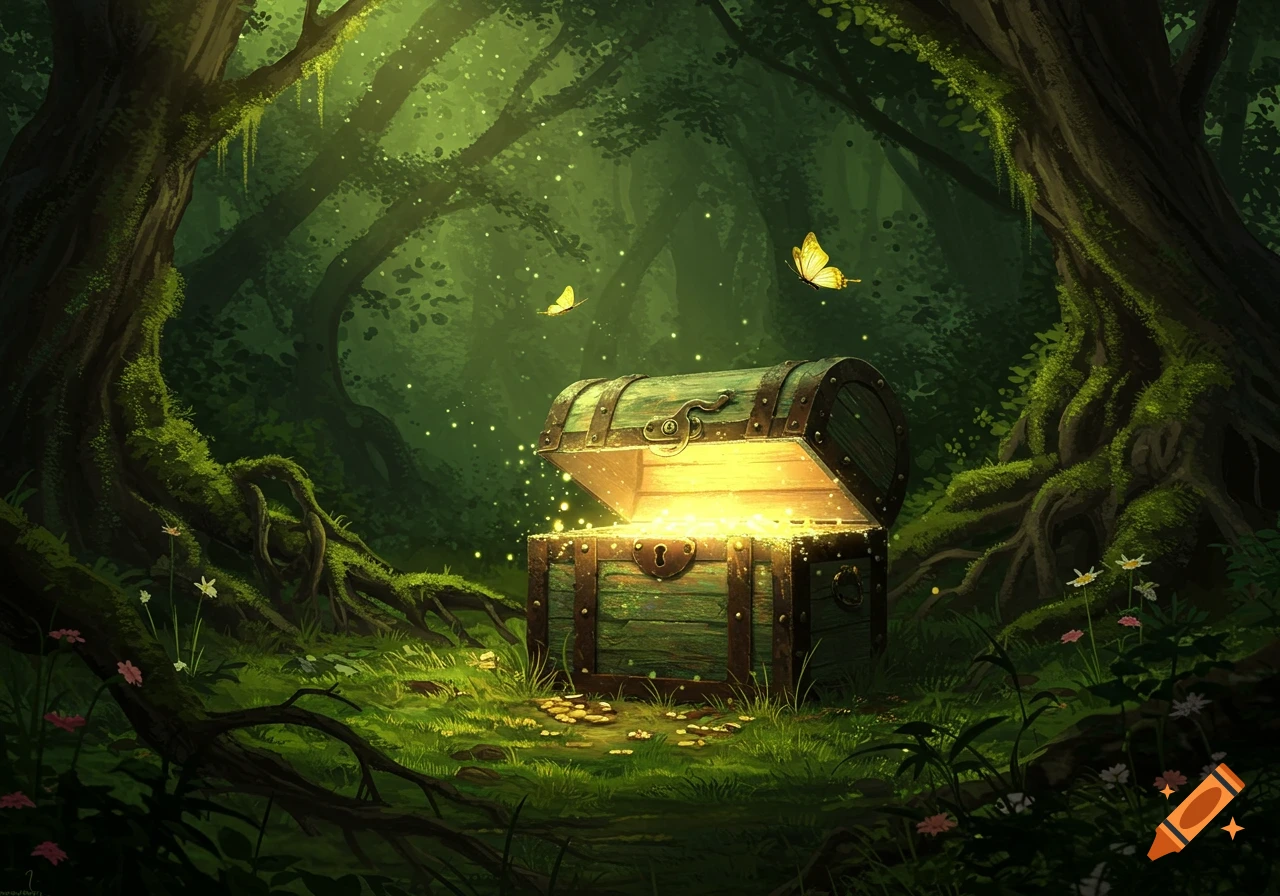 A glowing treasure chest opens in a vibrant, mossy, dark fantasy forest, with golden light, coins, and two yellow butterflies.