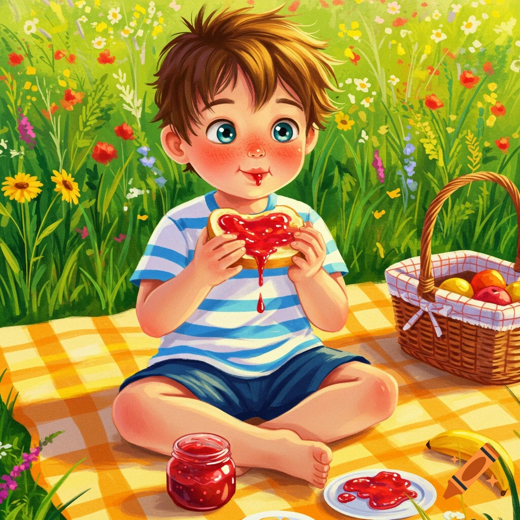 A cartoon boy eats a jam sandwich at a picnic in a field of wildflowers.