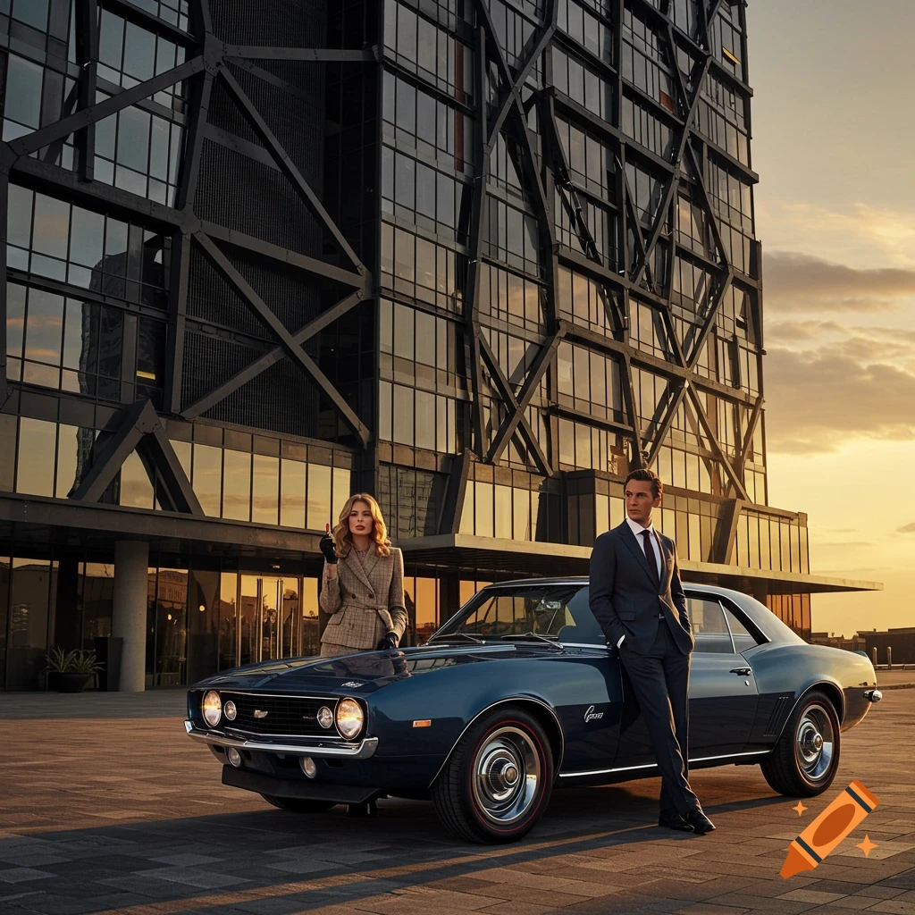 Man in suit leans on a blue classic car next to a woman holding lipstick, in front of a modern building at sunset.