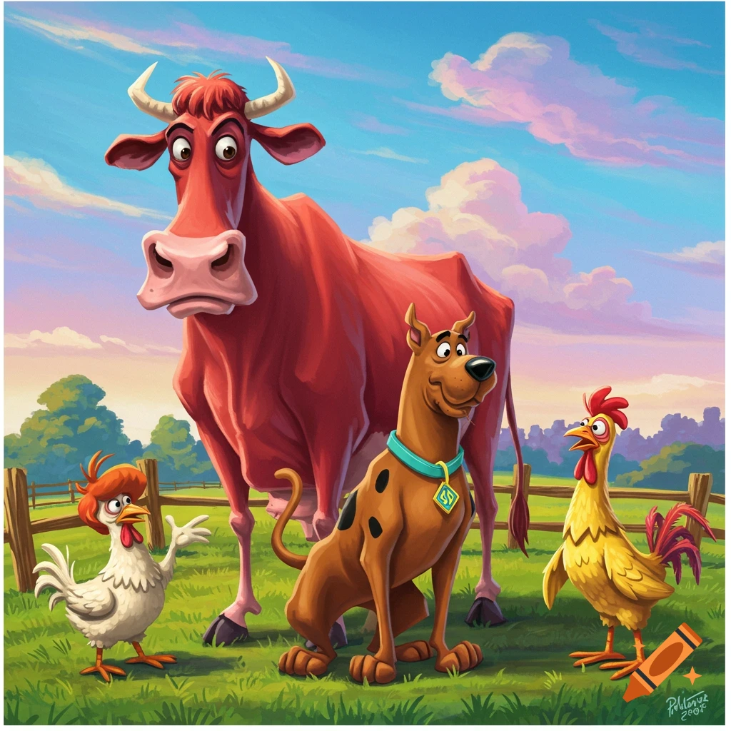 Cartoon Scooby Doo sits with a red cow and two chickens in a green field under a blue and pink sky.