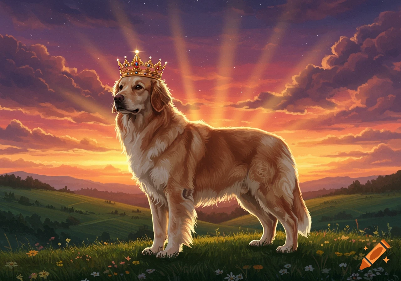 A majestic Golden Retriever wearing a jeweled crown stands in a vibrant green field under a dramatic sunset sky, rendered in a painterly style.