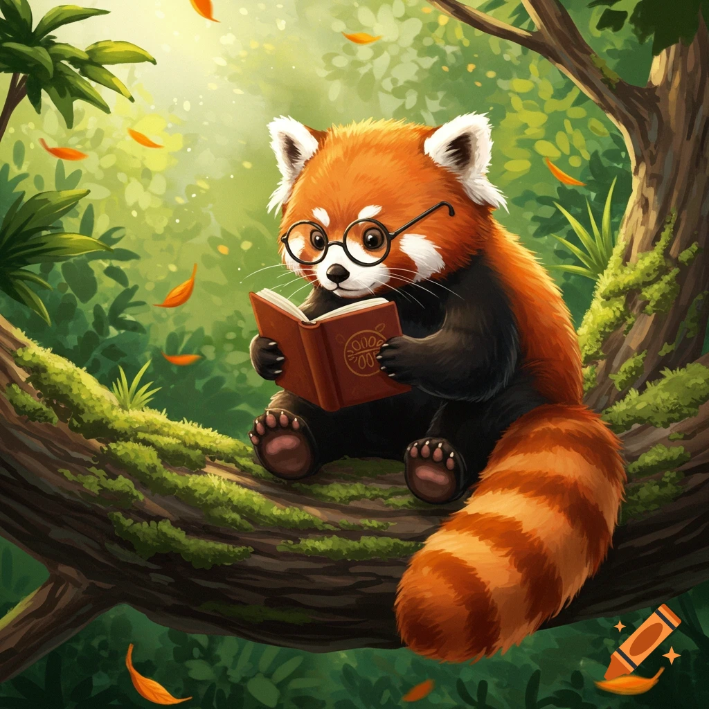 A cute red panda wearing glasses sits on a mossy tree branch, reading a book in a sunny forest setting, in a charming illustration style.