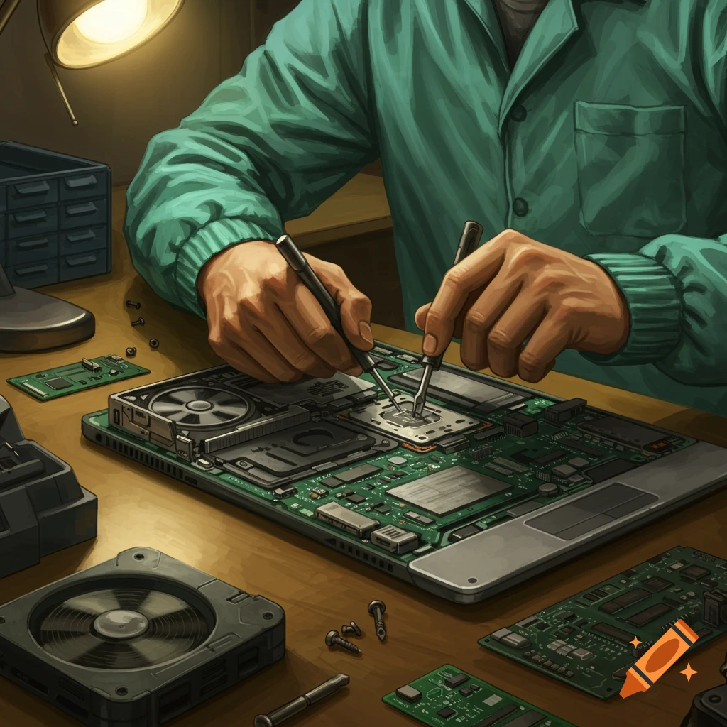 A stylized illustration of a technician's hands repairing a laptop motherboard on a workbench, surrounded by tools and electronic components.