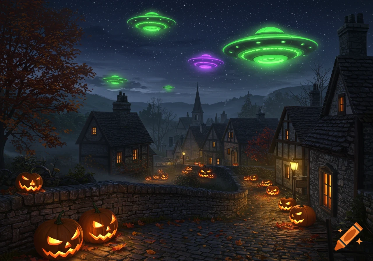 An eerie Halloween night scene of a village street lit by glowing jack-o'-lanterns, with multiple neon green and purple UFOs hovering in the starry sky.