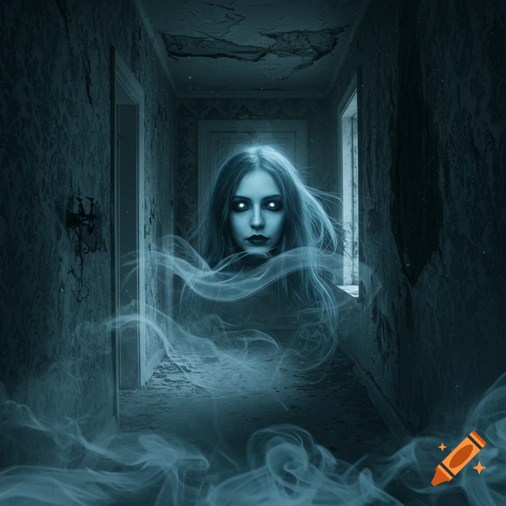 A ghostly woman with glowing eyes and long hair, body dissolving into mist, in a dark, decrepit hallway.