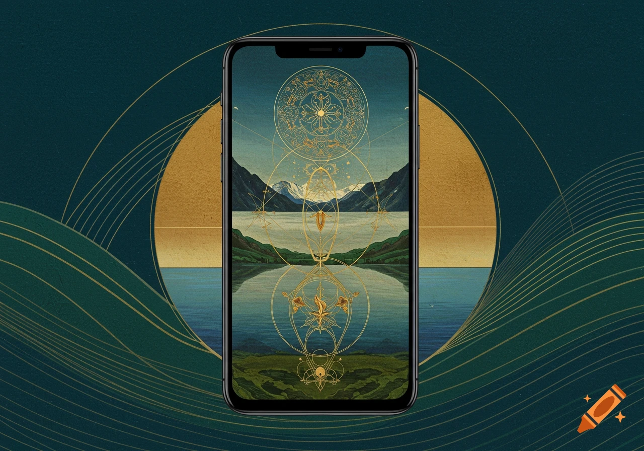 A smartphone displays a wallpaper of a lake and mountains with golden geometric patterns, against a dark teal and gold abstract background.