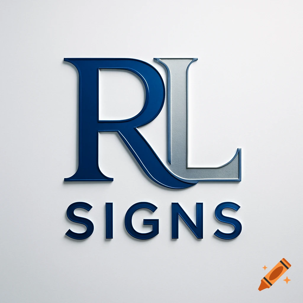 A 3D logo features a blue 'R' overlapping a silver 'L', with the blue word 'SIGNS' below, all on a textured white background.