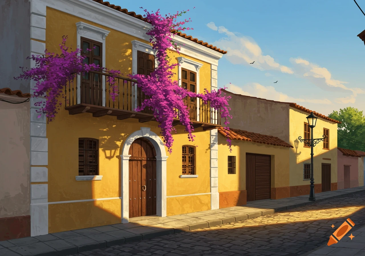 A colorful, stylized street scene with yellow houses, one featuring a balcony draped in vibrant pink bougainvillea, a cobblestone street, and a lamppost.