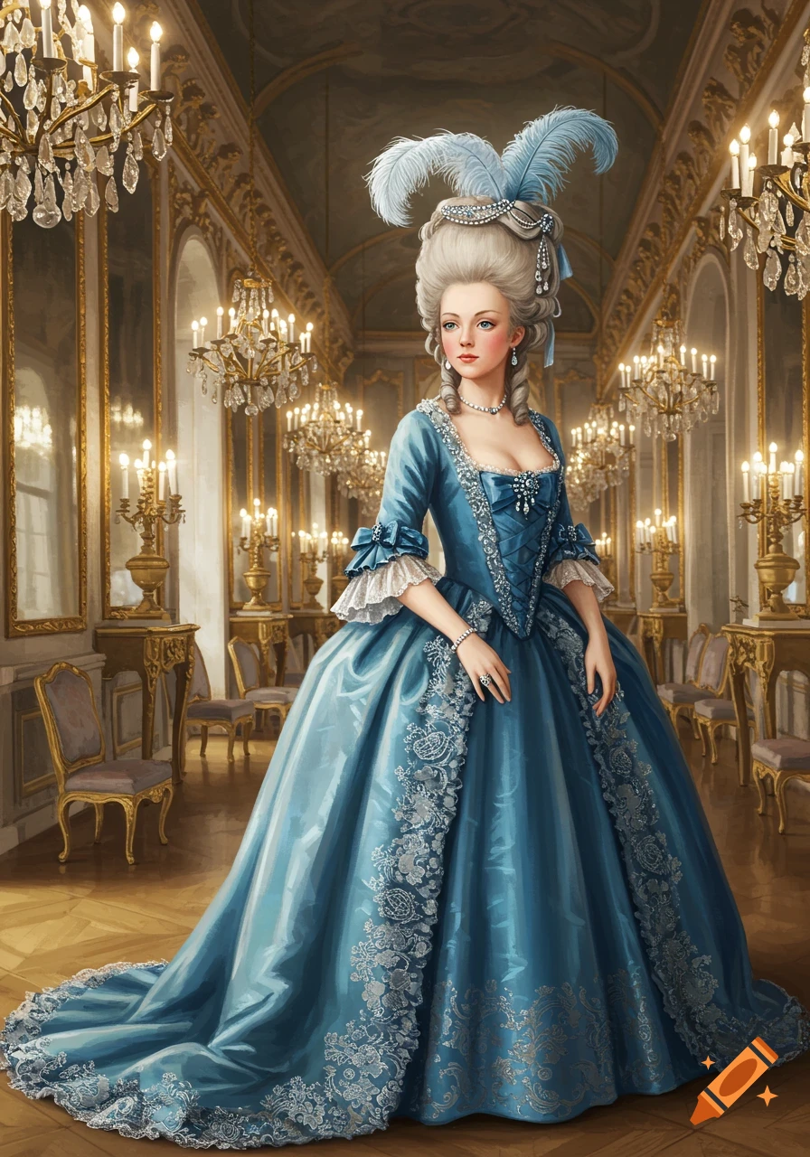 Marie Antoinette in a blue rococo gown with a powdered wig and feathers stands in an ornate palace ballroom with chandeliers.
