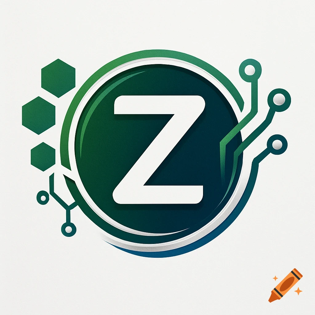 Logo featuring a white 'Z' inside a dark green circle with light green circuit board patterns and hexagons.