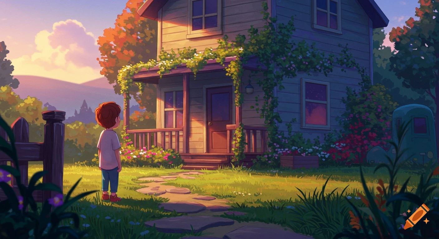 An illustration of a child with red hair looking at a house with a porch and vines, set in a vibrant, sunlit landscape with mountains in the distance.