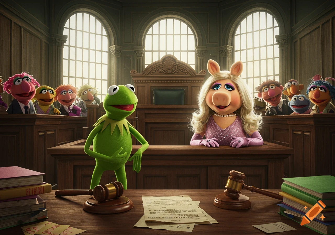 Kermit the Frog and Miss Piggy, with other Muppets, in a detailed courtroom scene with gavels and legal papers on a wooden table.