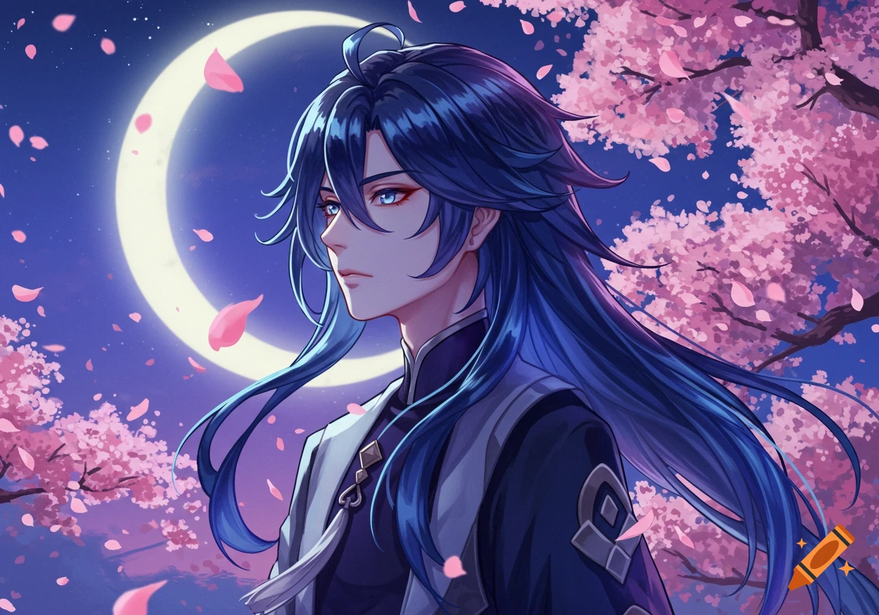 Anime male character with long blue hair and blue eyes, wearing traditional attire under a crescent moon and pink cherry blossom trees with falling petals.