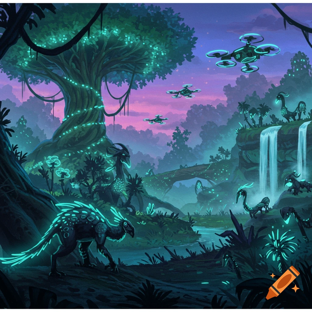 An illustrated fantasy jungle at dusk with glowing creatures, plants, waterfalls, and futuristic drones under a purple sky.
