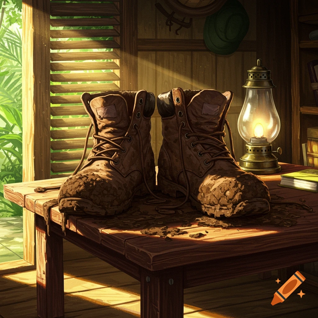 Muddy brown hiking boots sit on a wooden table next to a lit lantern, with sunlight streaming through a window revealing lush jungle.