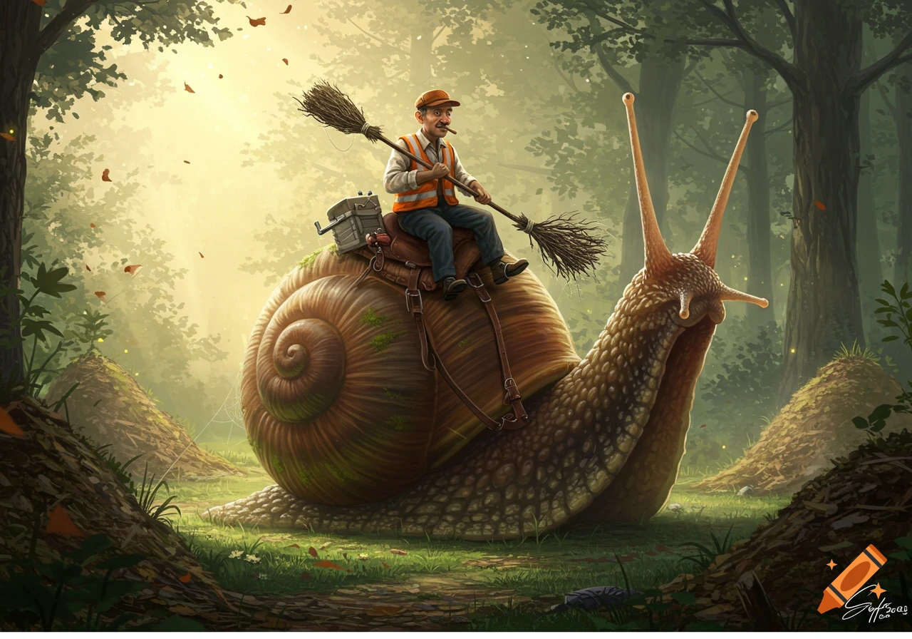 A street cleaner rides a giant snail with brooms through a lush, sunlit forest. Detailed, whimsical illustration.