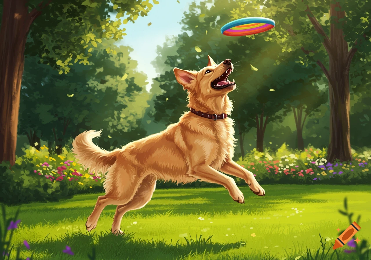 An illustrative image of a golden dog leaping to catch a colorful frisbee in a sunny park.