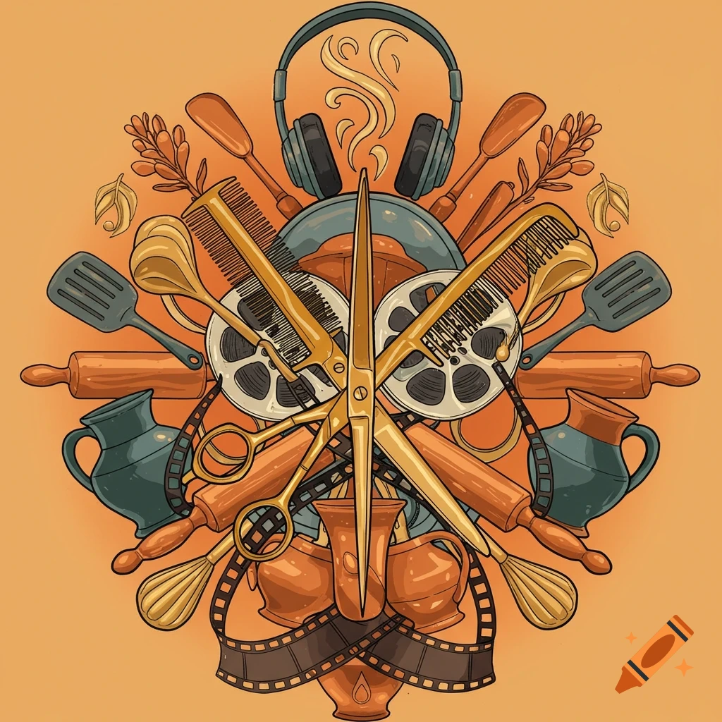 Detailed illustration of a crest or sigil made from hair combs, film reels, baking tools, pottery, and headphones on an orange background.