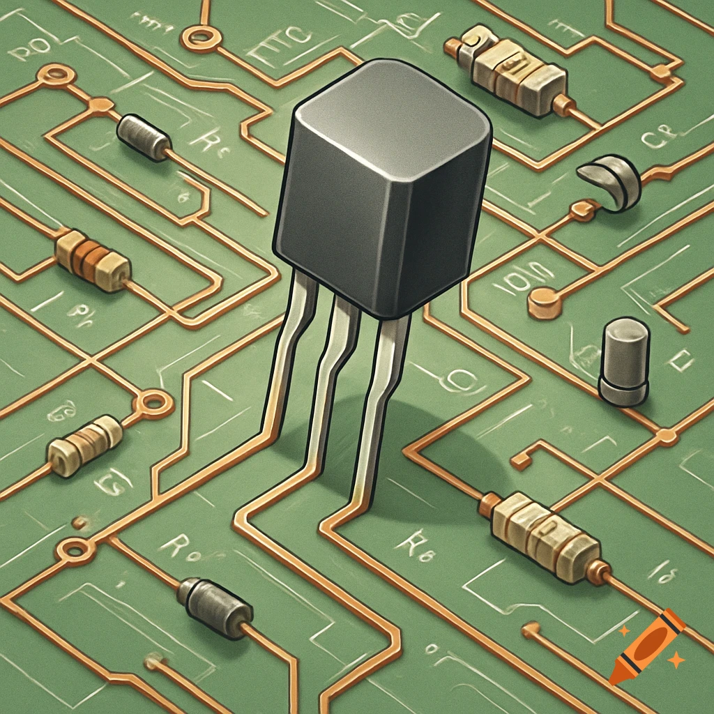 Close-up isometric view of a large transistor on a green circuit board with other electronic components and copper traces.