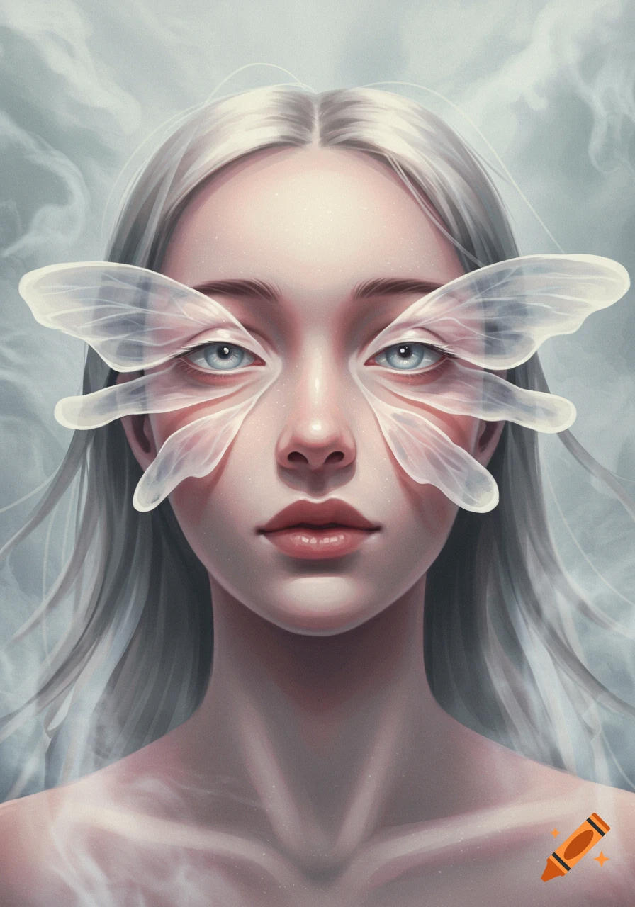 Ethereal digital art portrait of a woman with white hair, blue eyes, and translucent, papery wing-like structures over her eyelids.
