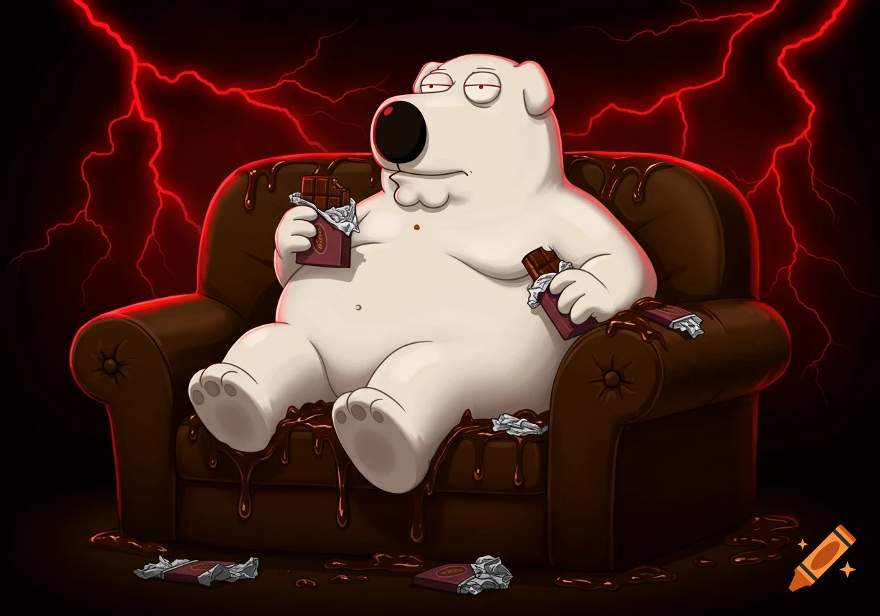 Fat Brian Griffin from Family Guy with red eyes sits on a chocolate-covered couch, eating chocolate bars, with red lightning in the background.