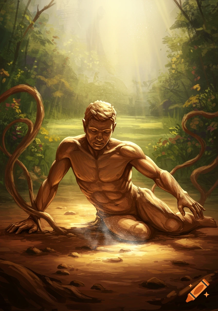 A man made of clay emerges from the earth in a sunlit, lush forest, a symbolic illustration.