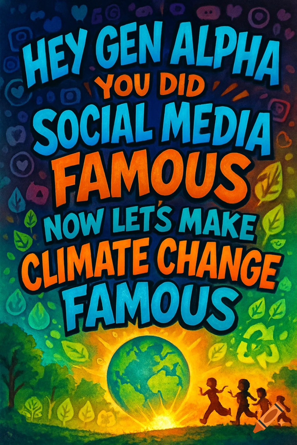 A colorful stylized poster with text reading "Hey Gen Alpha, you did social media famous. Now let's make climate change famous." Below, children run toward a glowing Earth with trees and social media icons in the background.