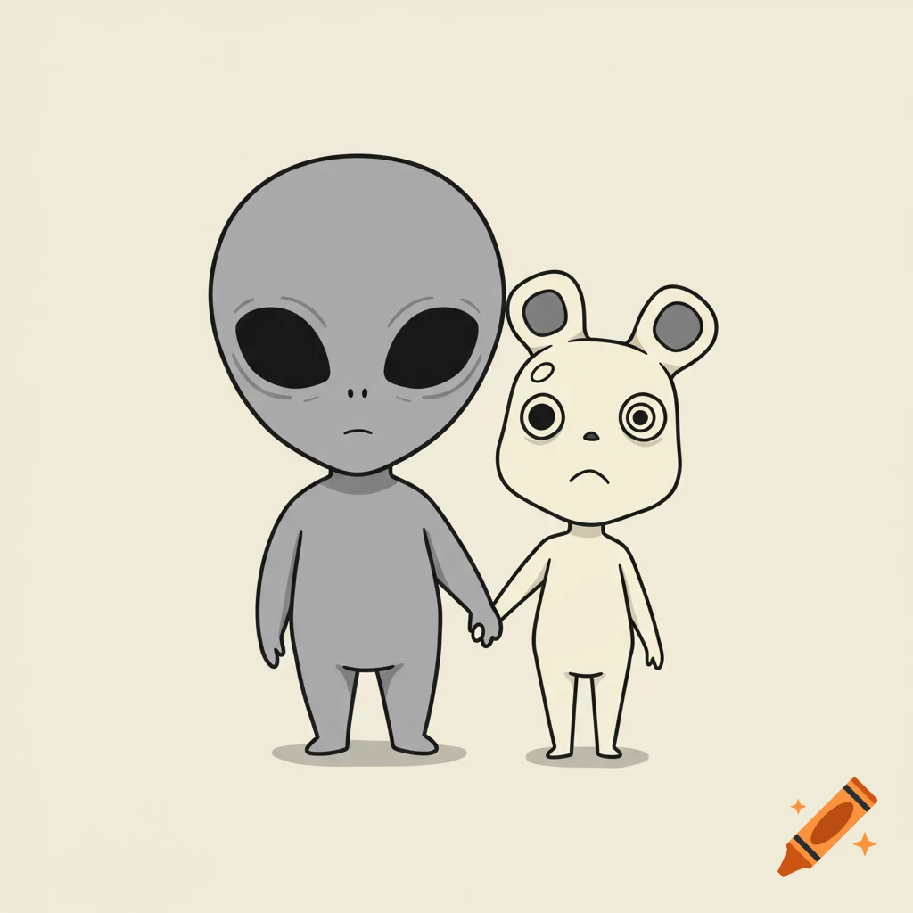 A cartoon gray alien and a Kodama-like creature with differing eye sizes hold hands in a simple style.