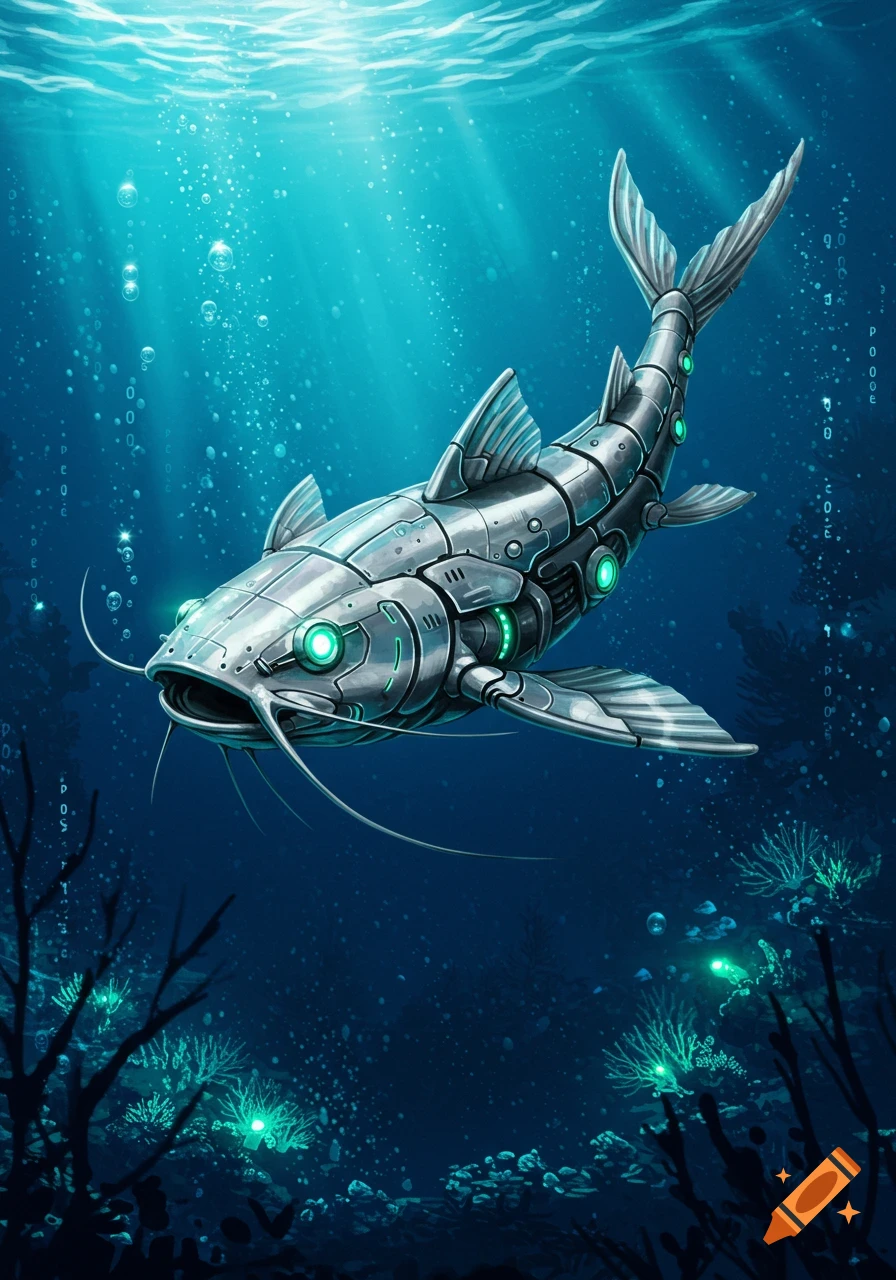 A highly detailed robotic catfish with glowing green lights swims through a deep blue underwater scene with glowing plants and bubbles.