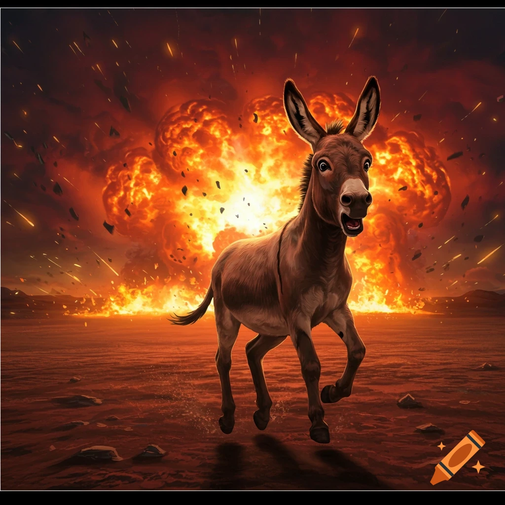 A terrified donkey runs with wide eyes and open mouth from a massive explosion in a desolate, fiery landscape.
