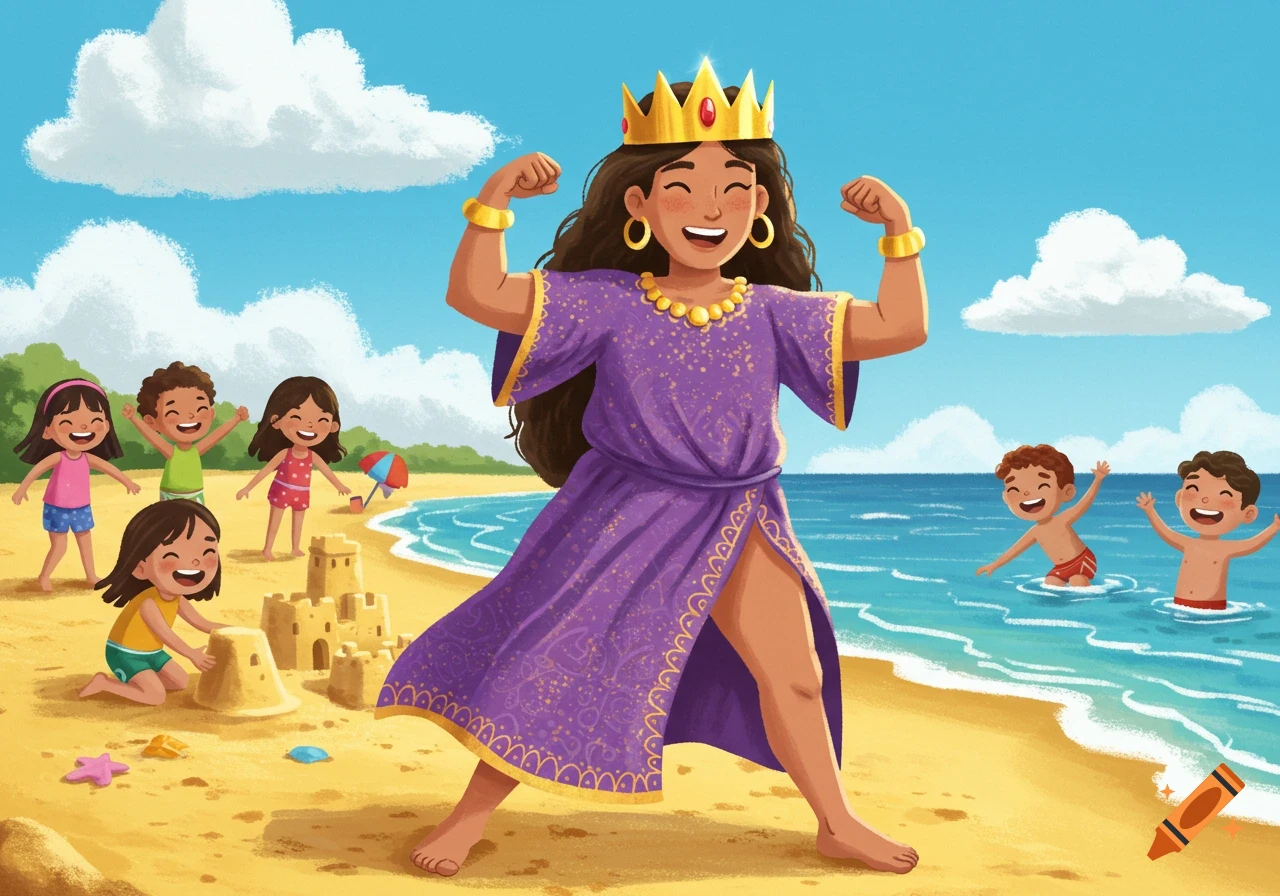 A vibrant children's illustration of Queen Esther, wearing a crown and purple dress, flexing her muscles on a sunny beach with children playing.