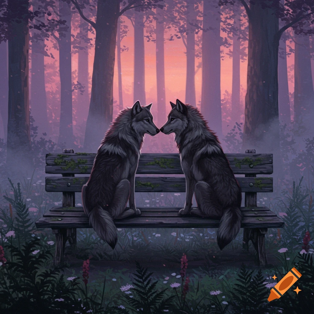 Two gray wolves sit on a mossy bench, touching noses in a mystical forest at sunset. Illustration.
