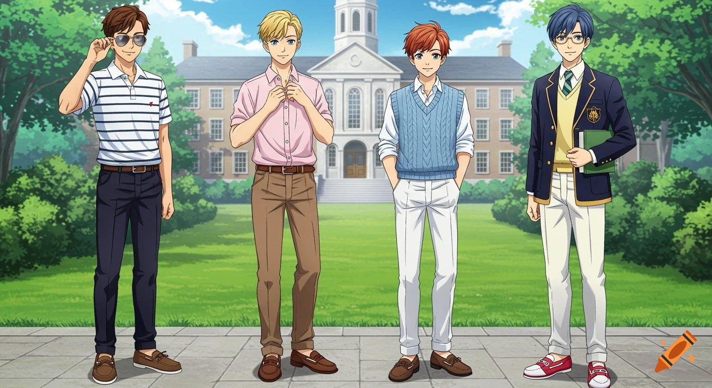Four anime-style young men in preppy attire stand on a path in front of a grand academy building and green lawn.