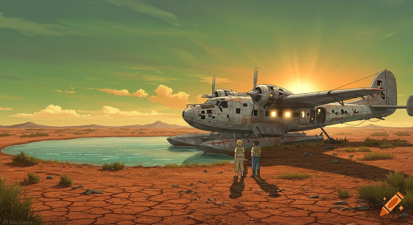 Ghibli-style illustration: Two people by a rusty seaplane at a desert pond. Green/orange sunset.