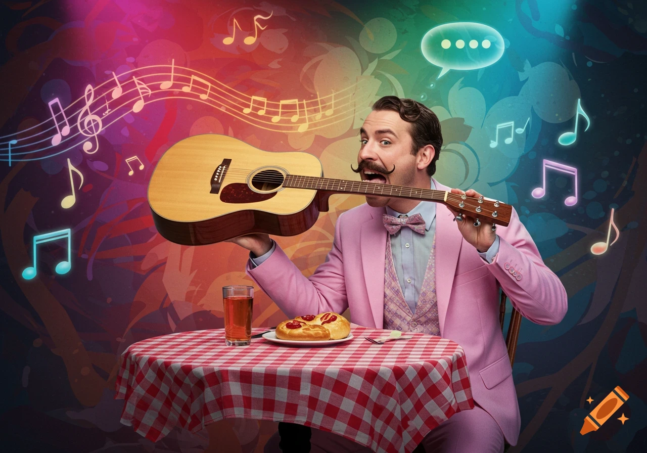 A man in a pink suit with a mustache comically bites a guitar while sitting at a checkered table with musical notes in the background.