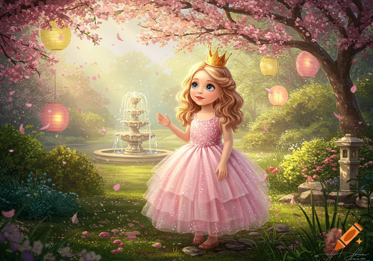 A cartoon princess in a pink dress and crown stands in a magical garden with cherry blossoms, glowing lanterns, and a fountain.