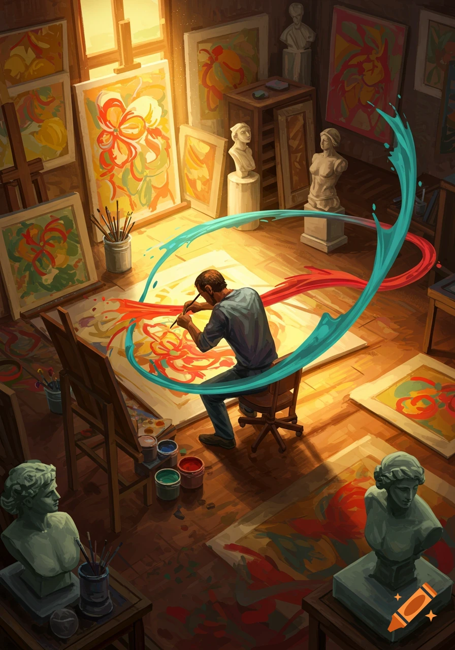 An artist paints a vibrant abstract design on a large canvas on the floor of a sunny art studio filled with other paintings and busts, with paint splashing around him.