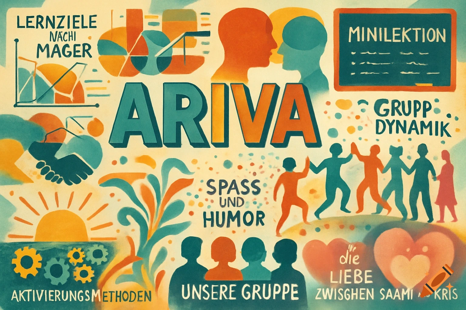A colorful collage with a retro illustration style, featuring text like "ARIVA," "MINILEKTION," and "GRUPP DYNAMIK," alongside images of charts, diverse silhouettes of people, a handshake, gears, and hearts.